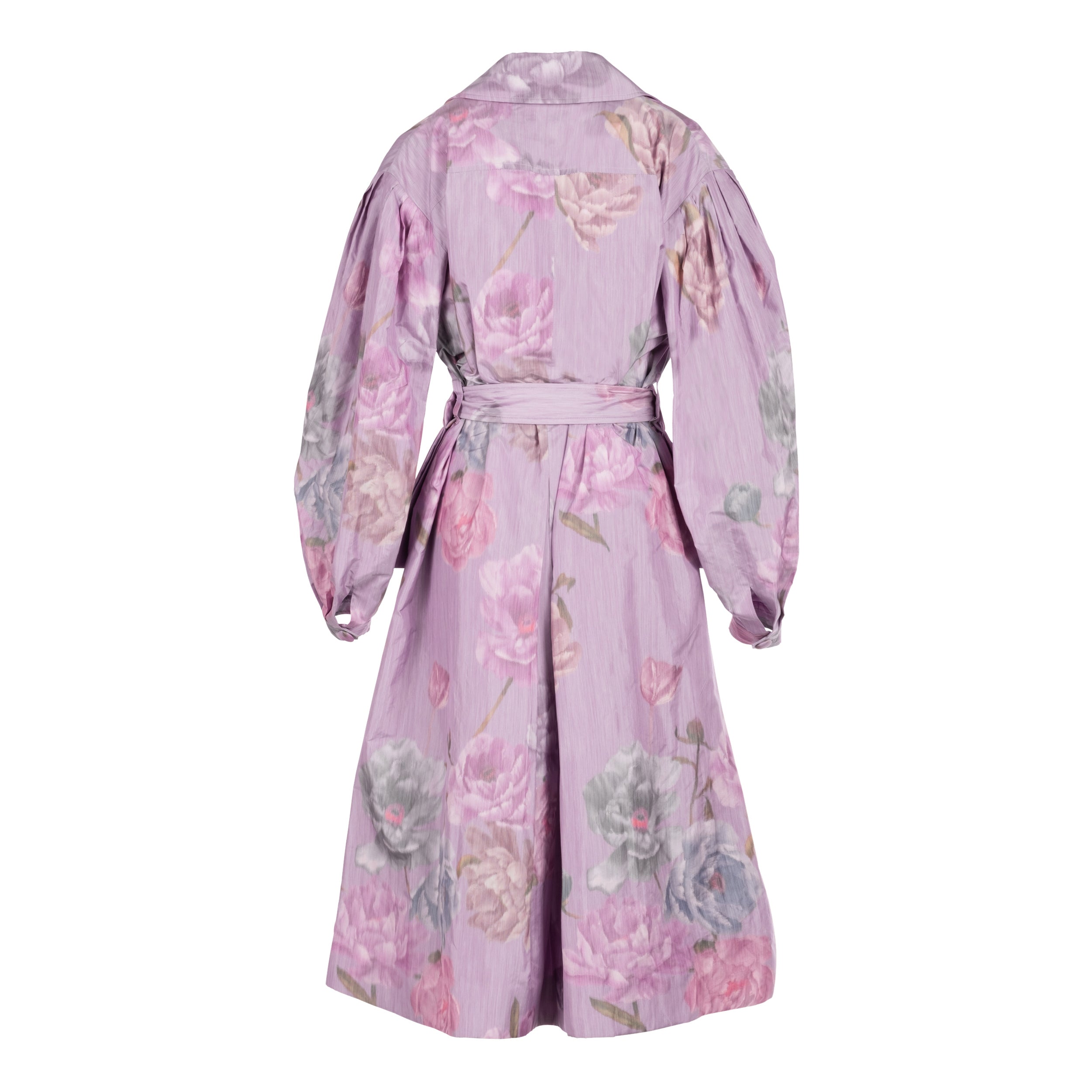 Alexandra Pijut Riding Trench in Lilac Floral Brocade. Oversized trench coat, demi couture. Evening wear.
