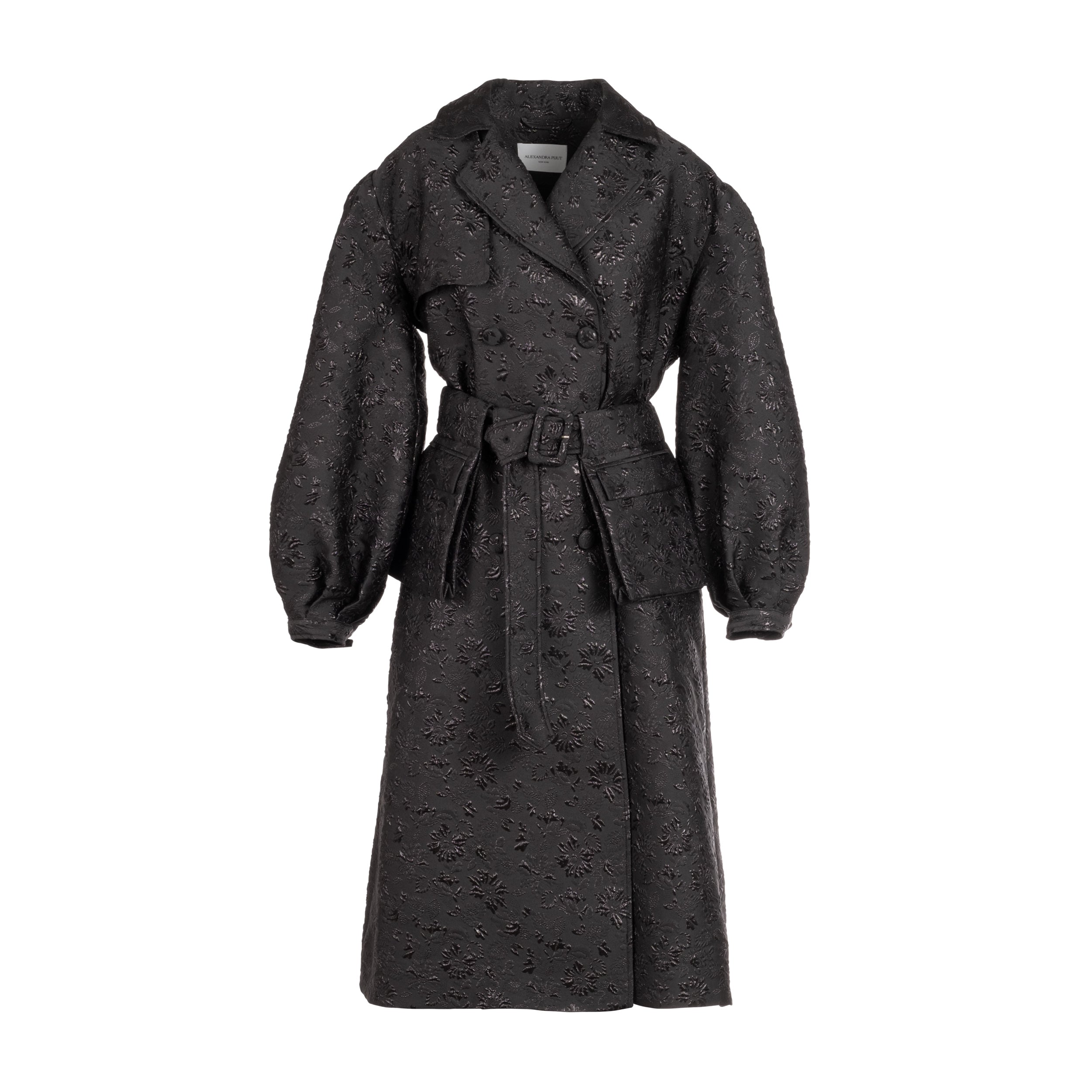 Alexandra Pijut Riding Trench in black brocade, oversized trench coat, demi couture, evening coat.