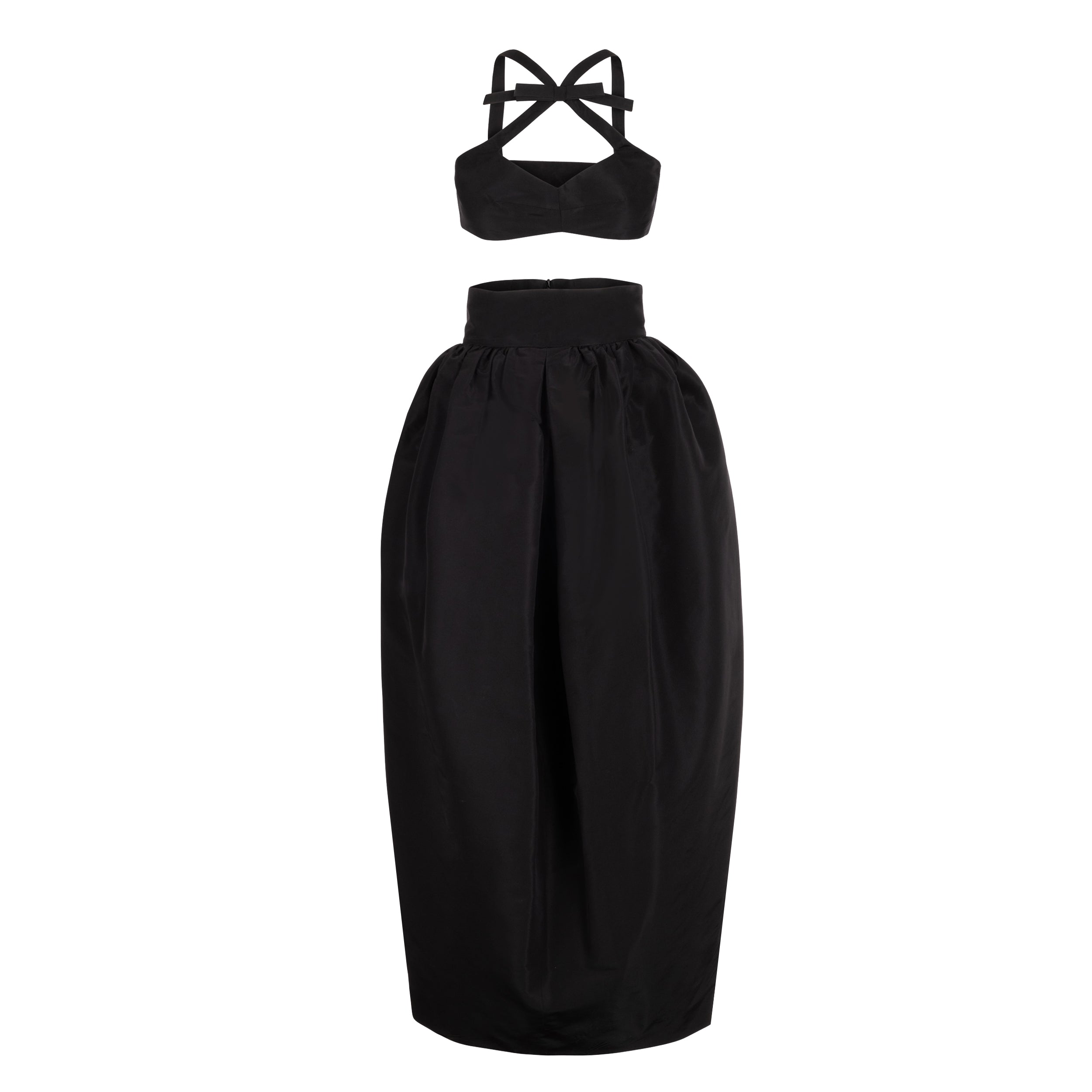 Alexandra Pijut Olivia Bow Set. Skirt and bra top with bow in silk falle. Wedding guest, black tie outfit.