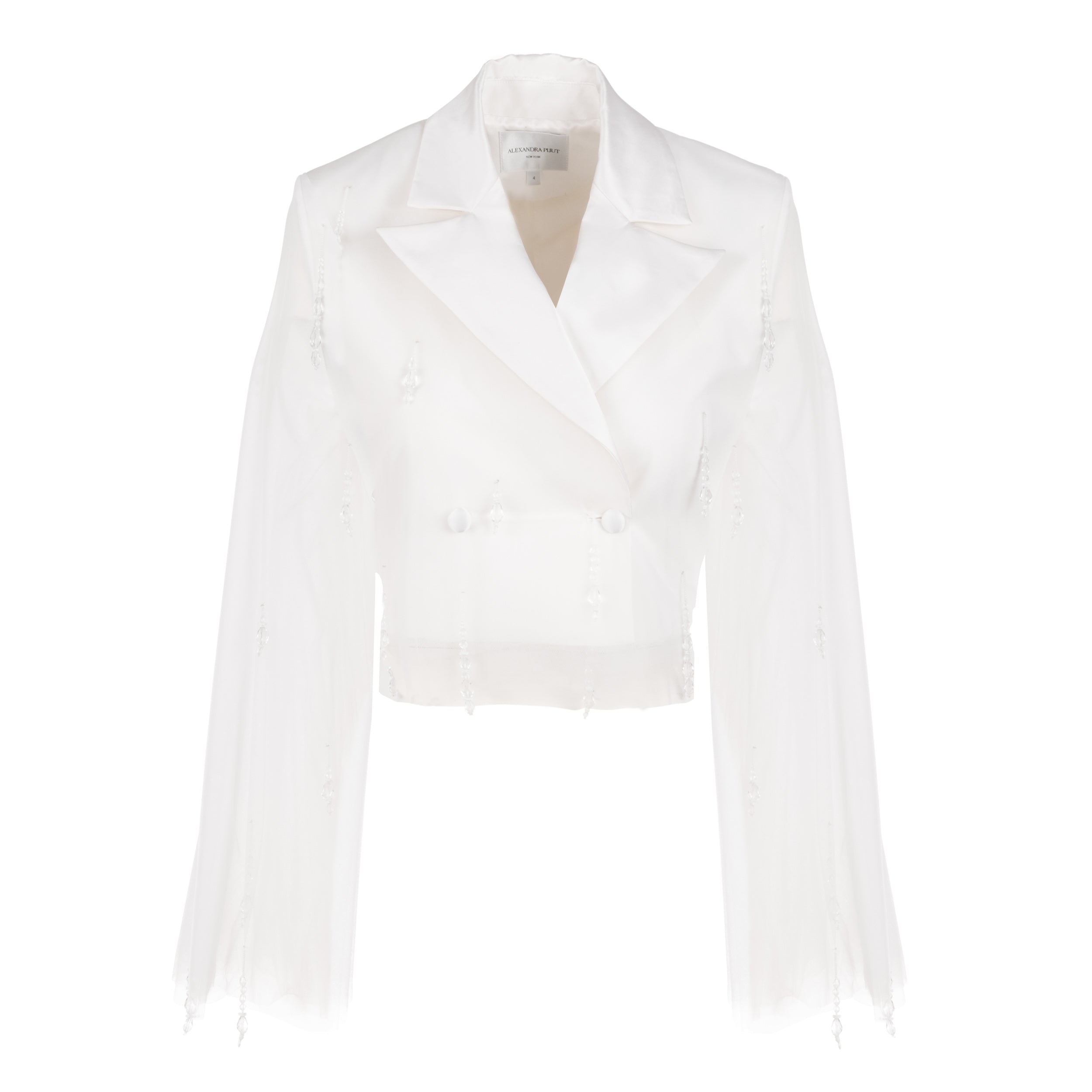 Alexandra Pijut Tulle Blazer in ivory with crystal beading. Wedding suit, bridal, bride, city hall outfit. 