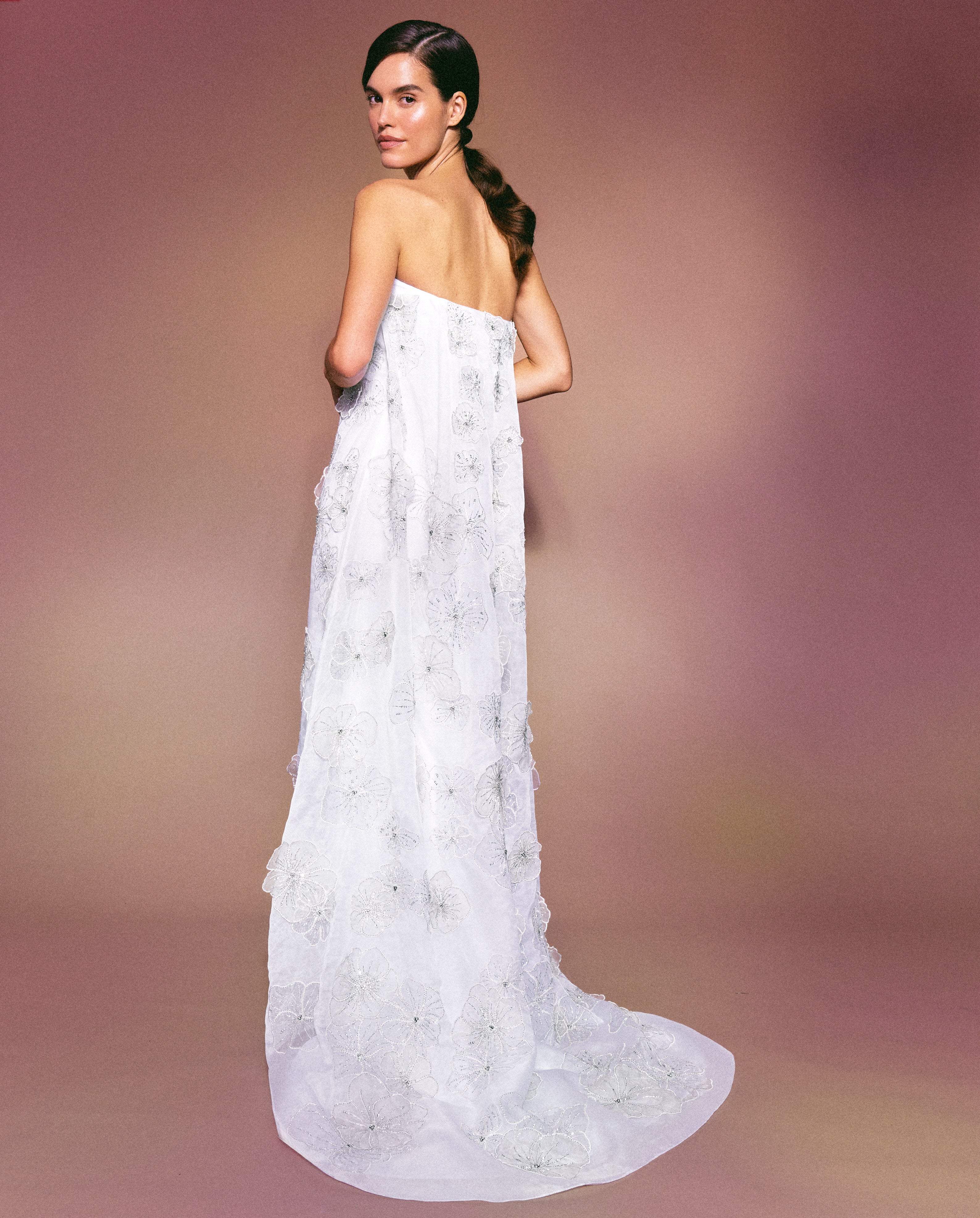 Skye Gown in White Organza with 3D Appliqué