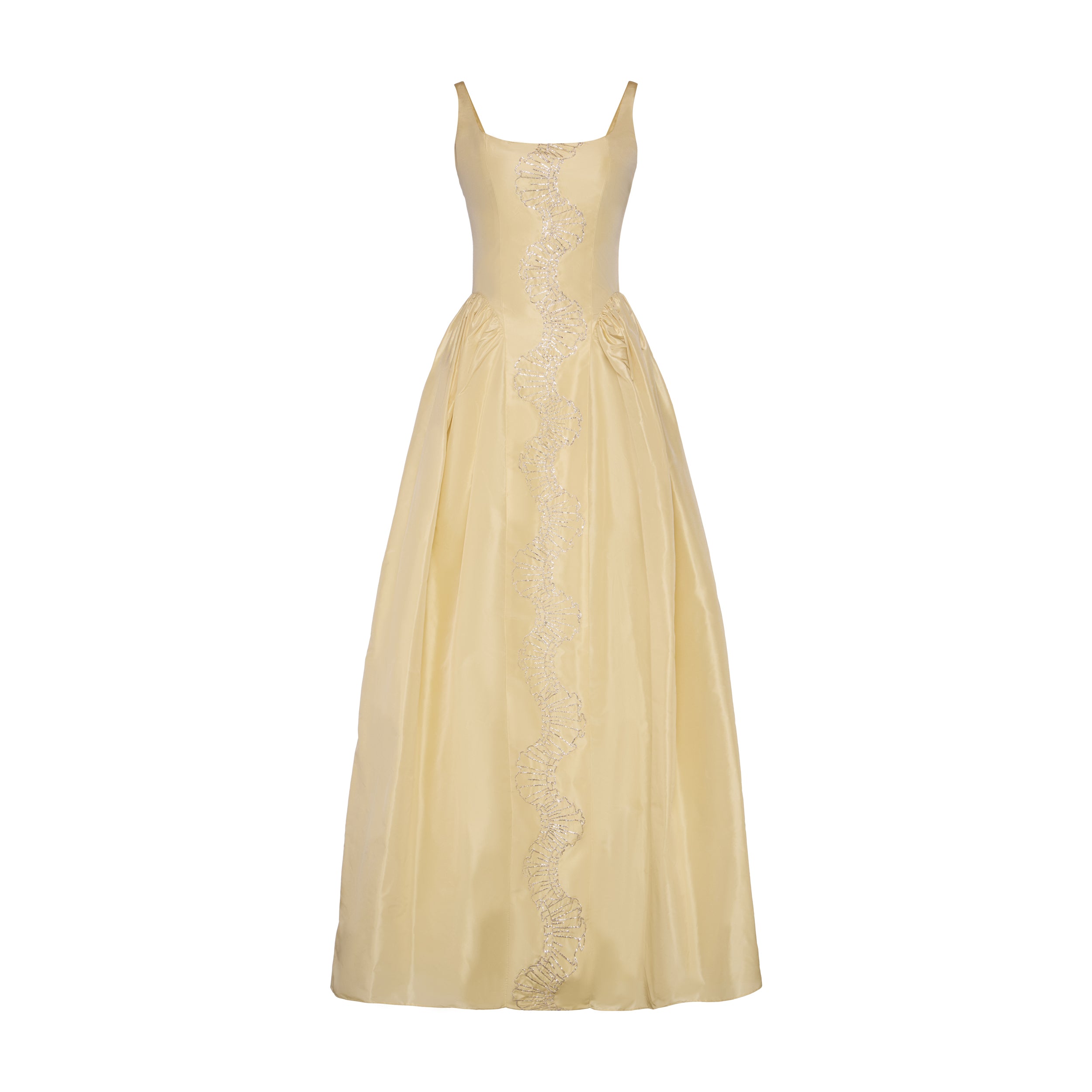 Antoinette Dress in Butter Yellow Taffeta with Ribbon Embroidery