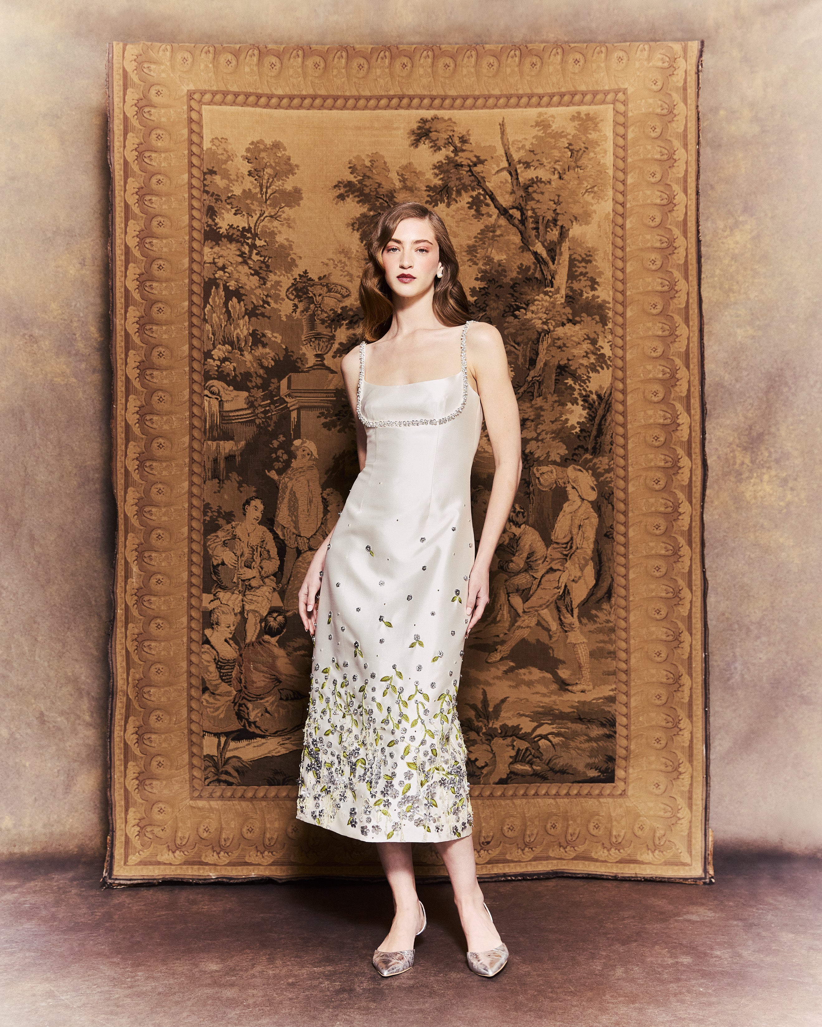 Luna Dress in Ivory Silk Wool with Silver and Green 3D Florals