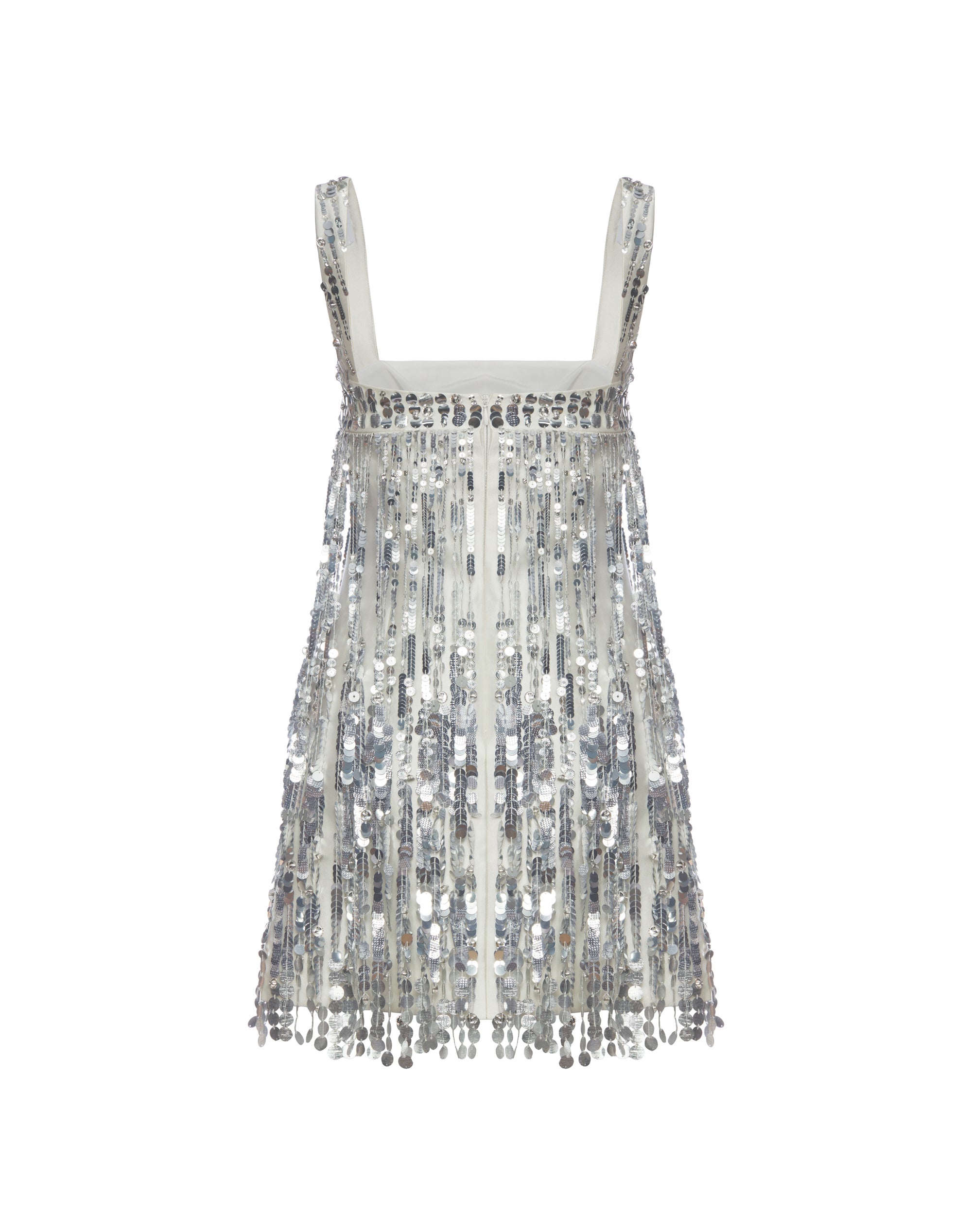 Elsa Dress in Ivory Silk Wool with Silver Fringe