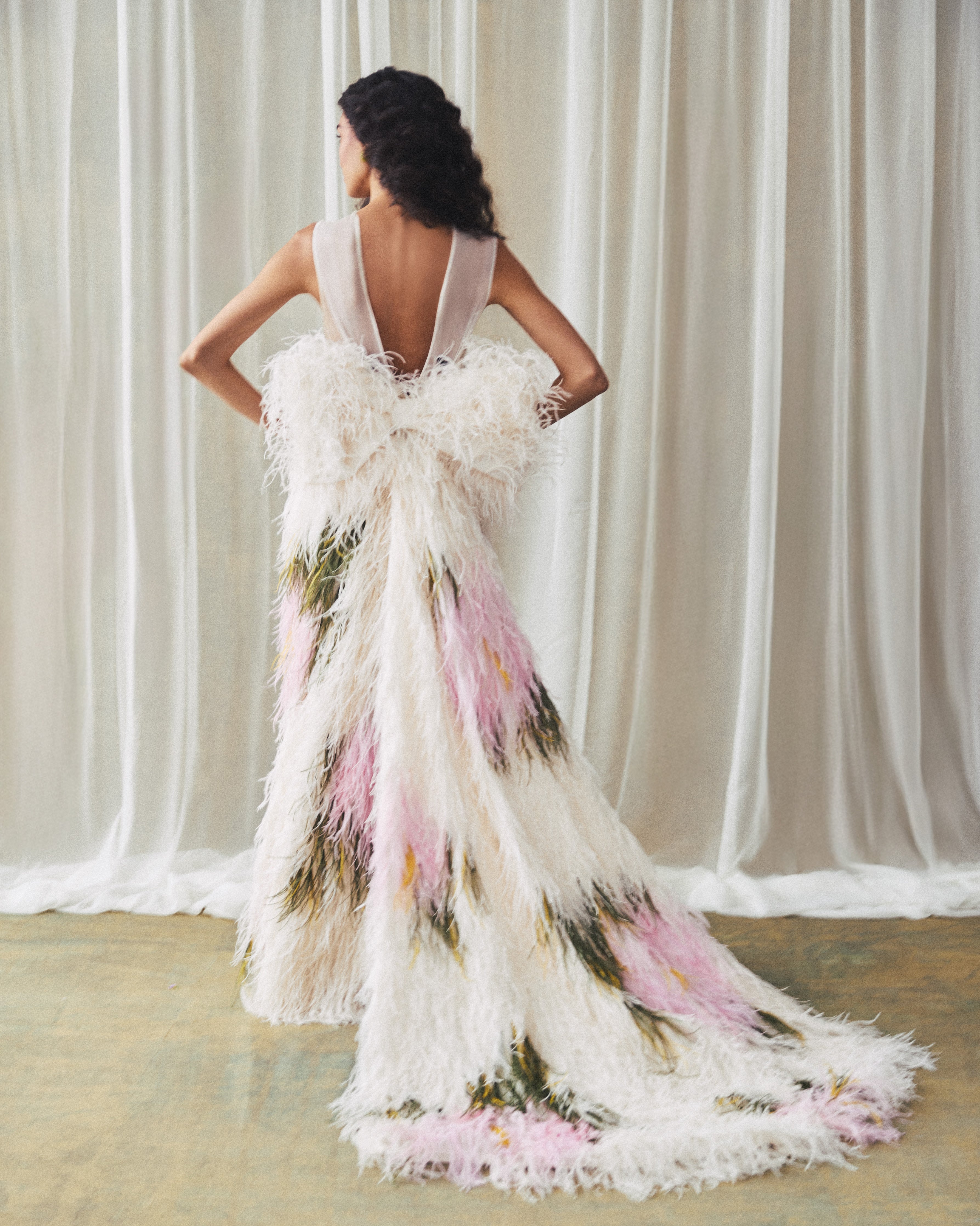 Eliza Gown in Abstract Floral Ostrich Feathers