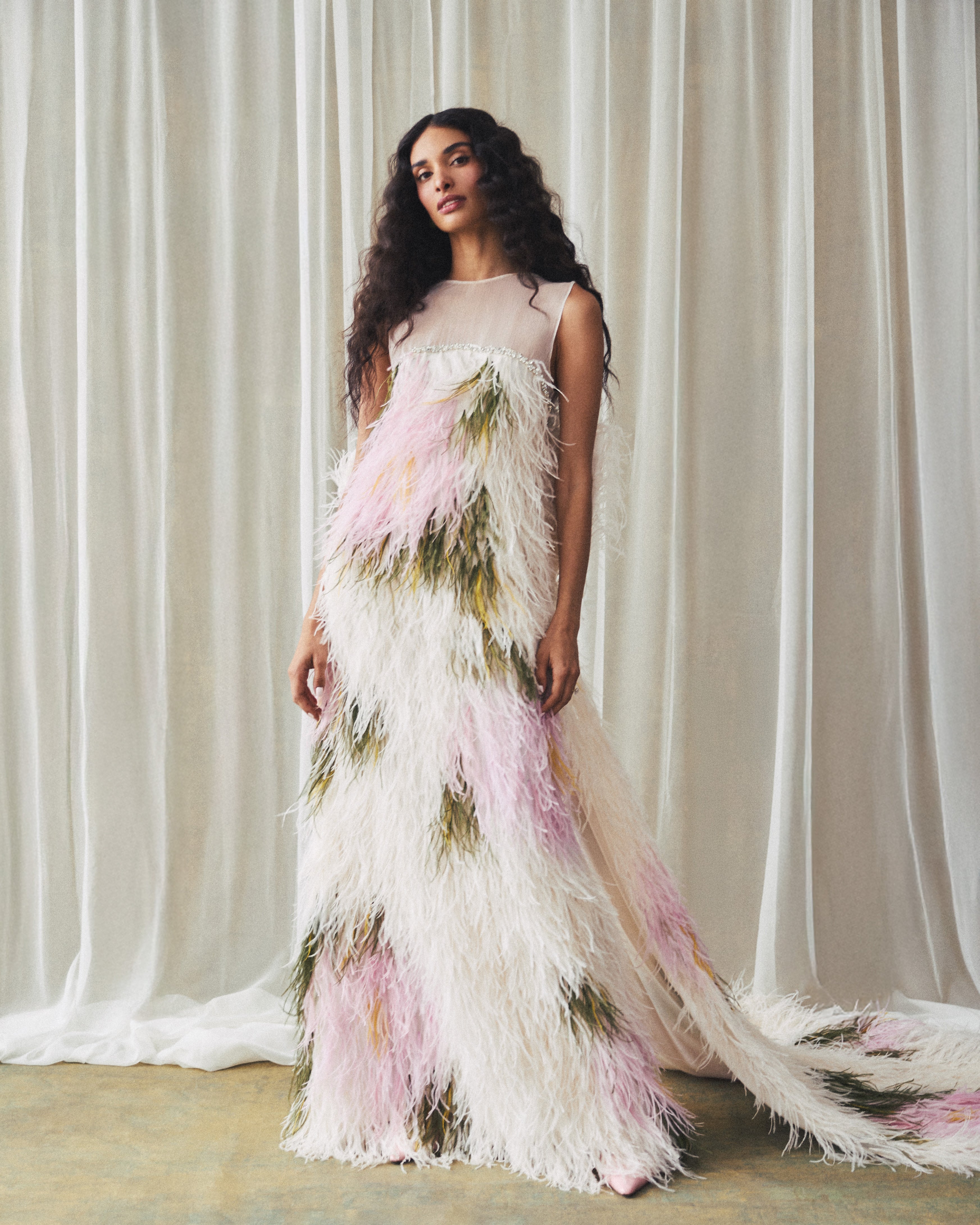 Eliza Gown in Abstract Floral Ostrich Feathers