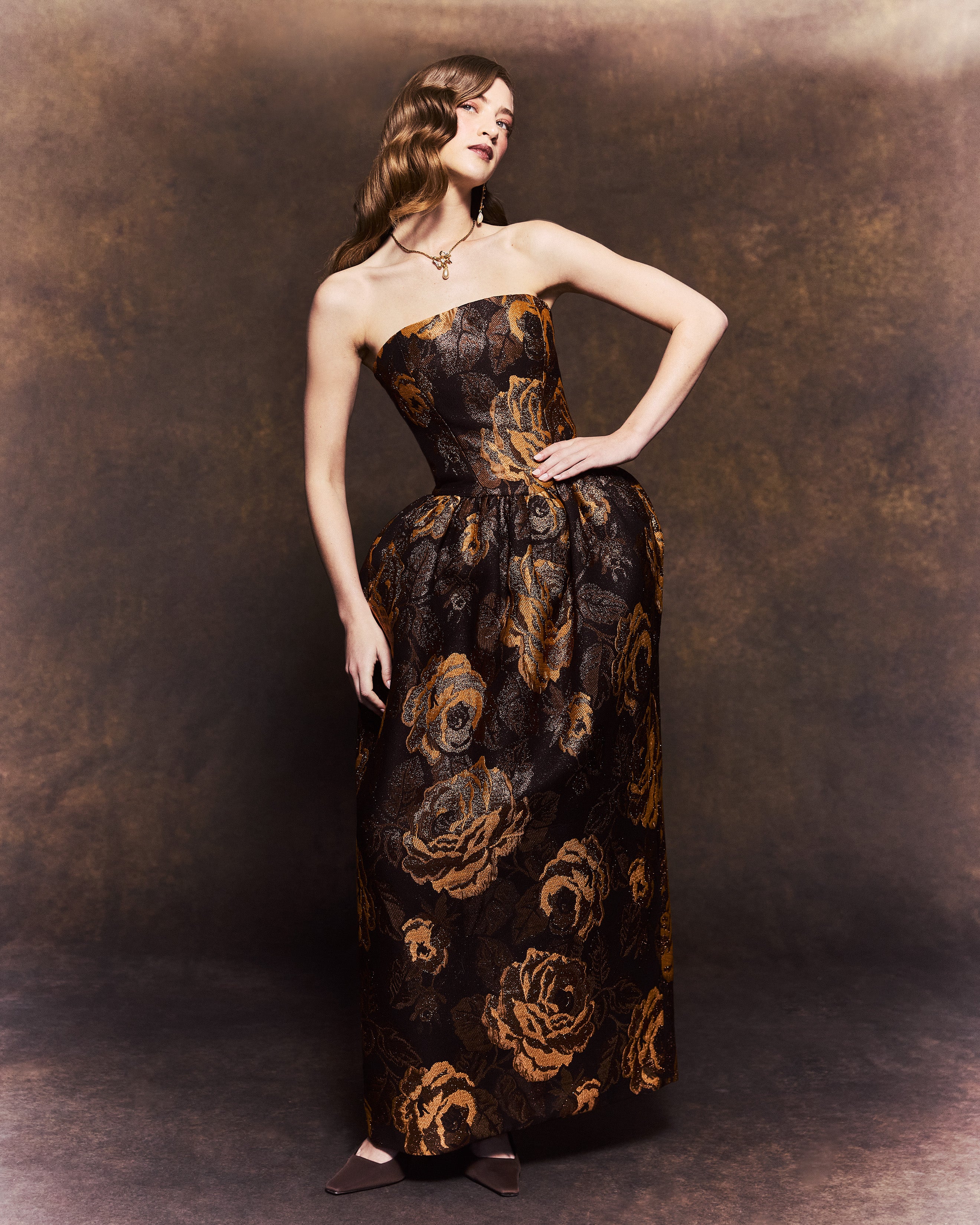 Swan Dress in Bronze Floral Brocade