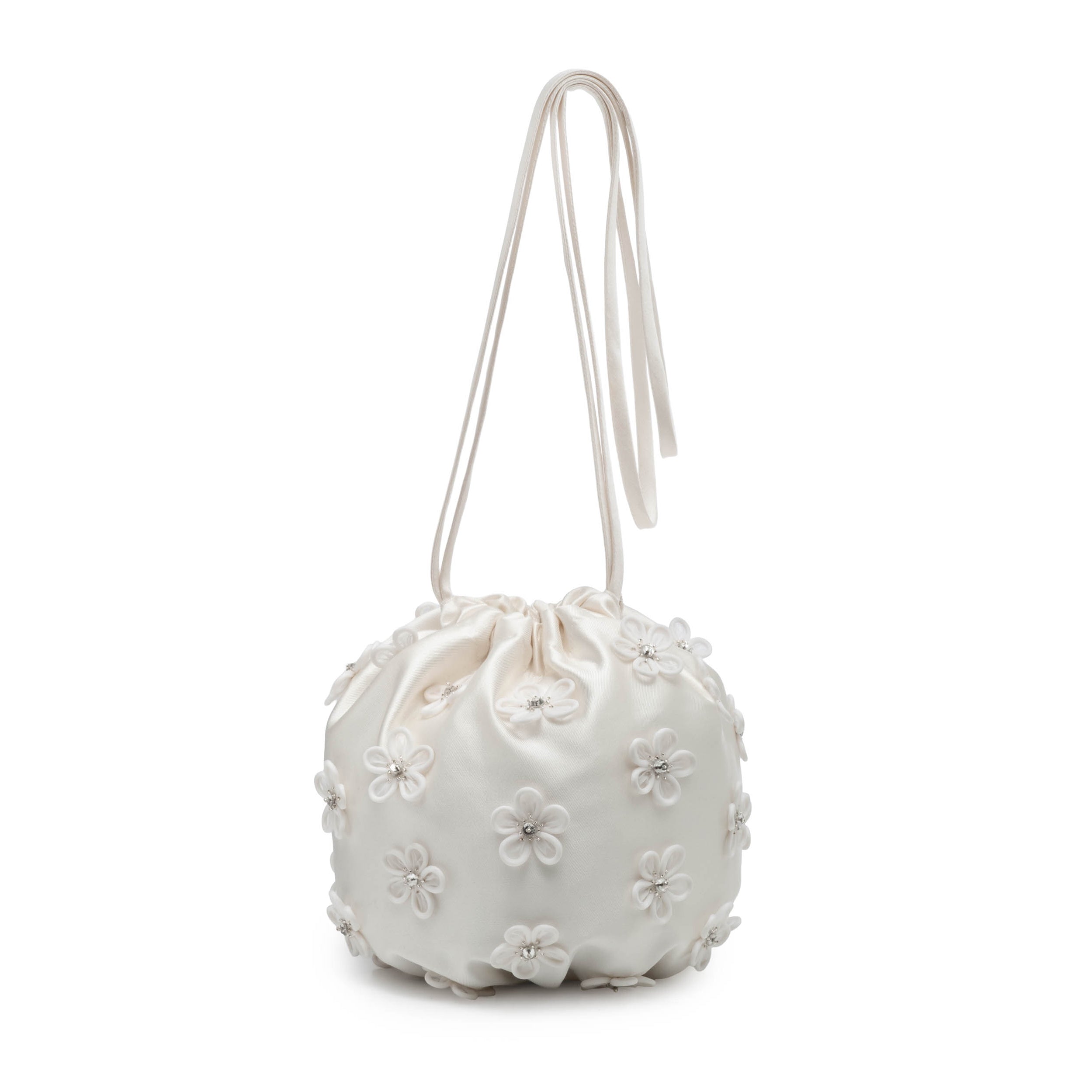 Polly Pouch Bag in Ivory Silk Wool with 3D Floral Appliqué Embellishment