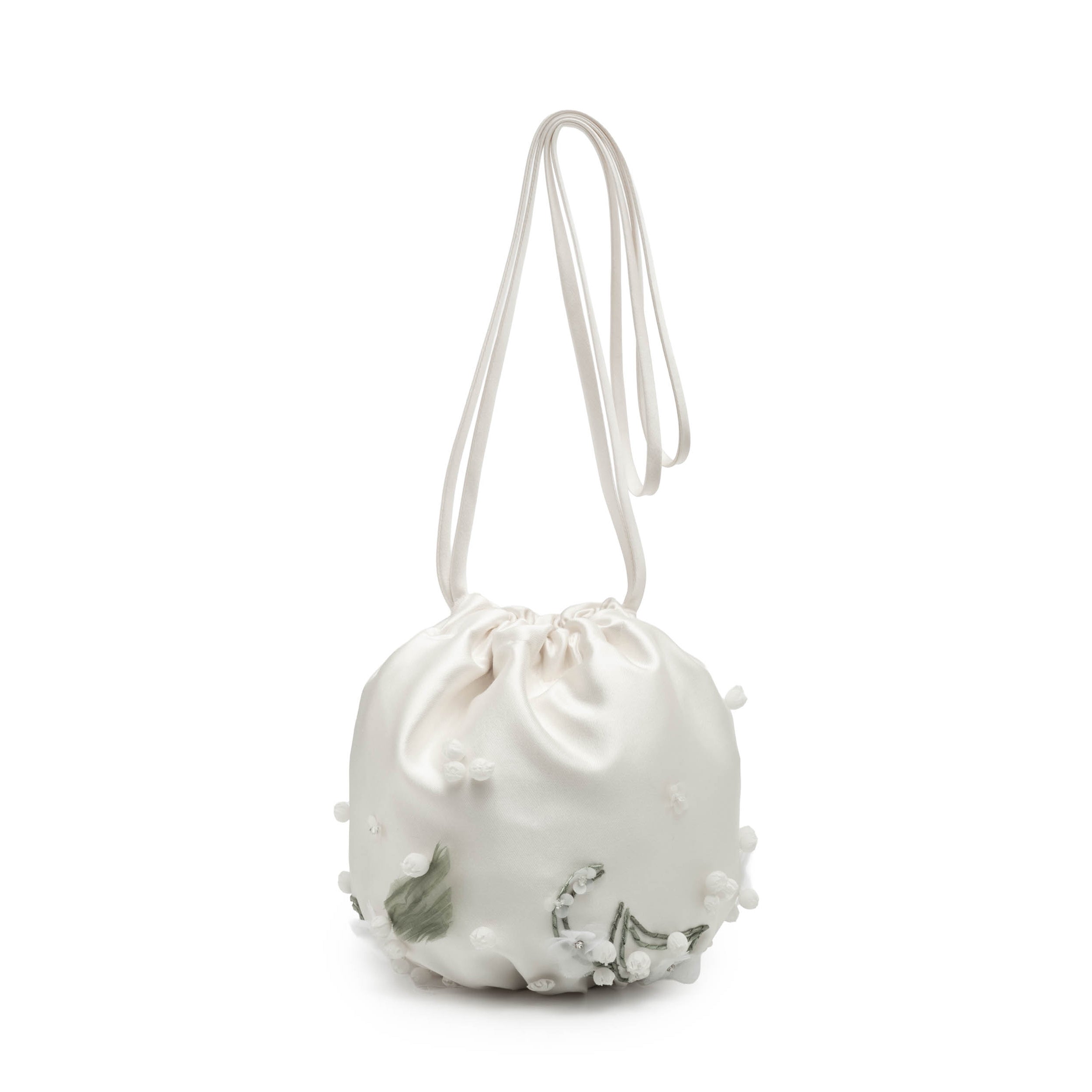 Polly Pouch Bag in Ivory Silk Wool with Lily of the Valley Embellishment