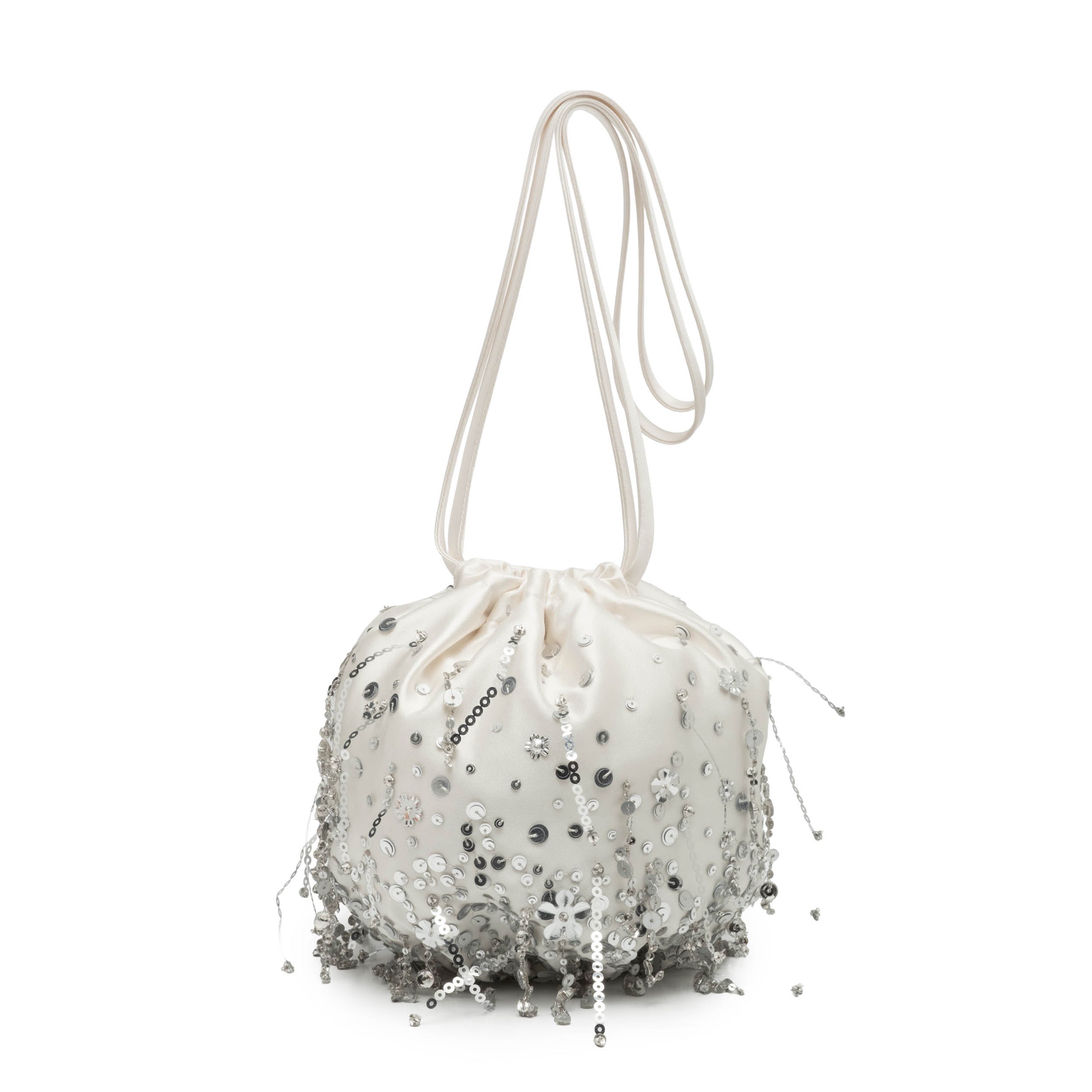 Polly Pouch Bag in Ivory Silk Wool with Silver Fringe Embellishment