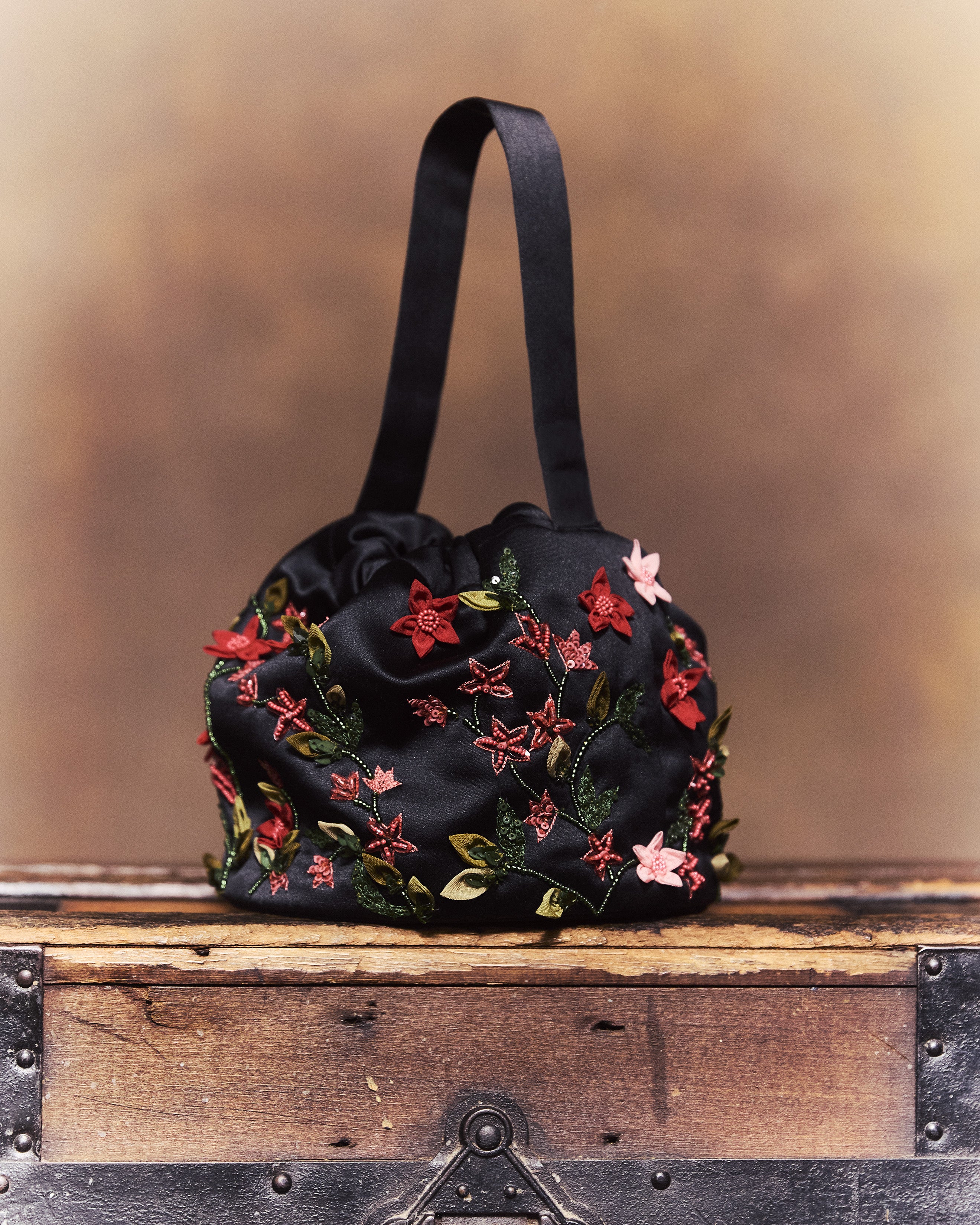 Piper Bucket Bag in Black Silk Wool with Red Floral Embellishment