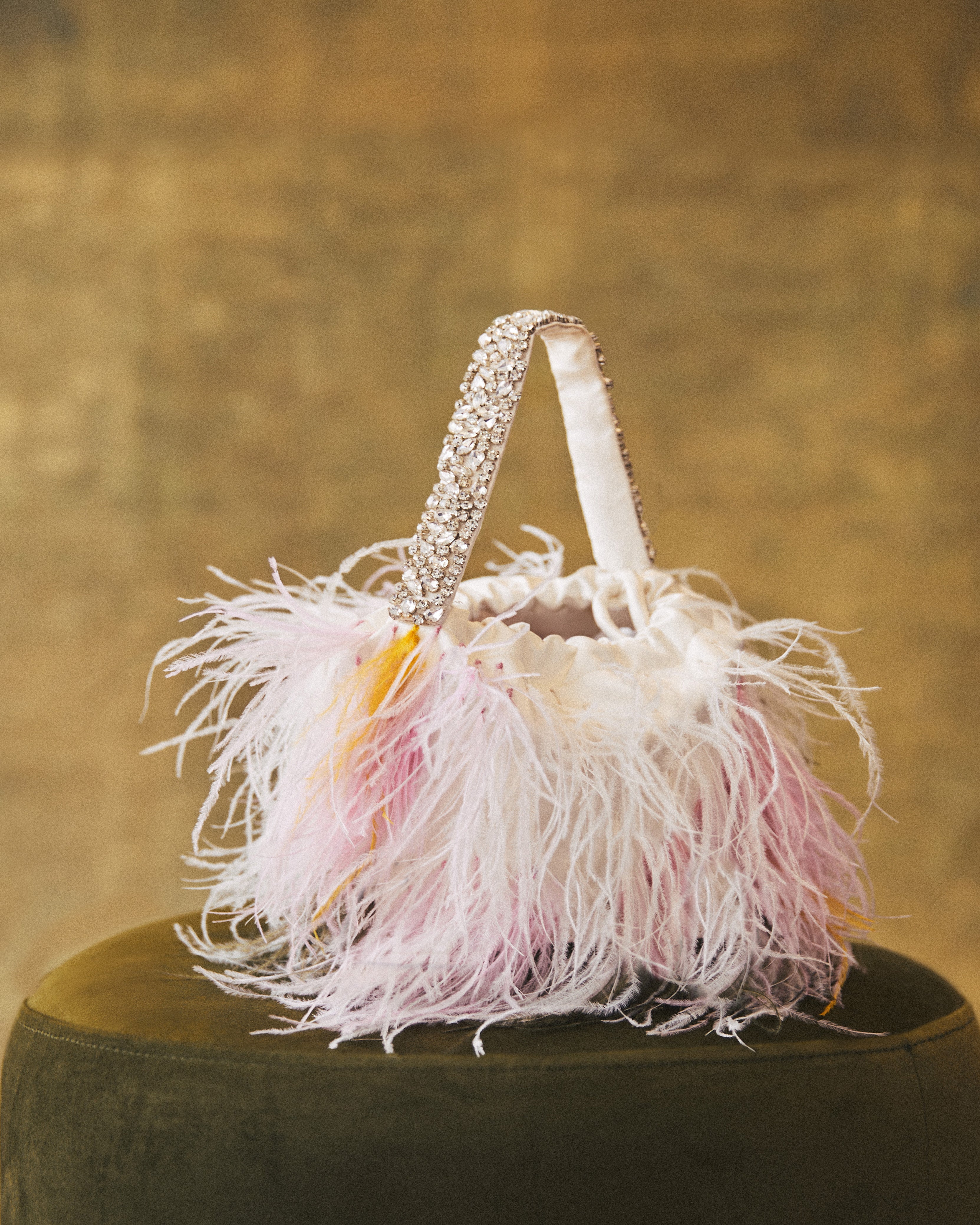 Piper Bucket Bag in Ivory with Abstract Floral Ostrich Feather Embellishment